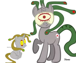 Size: 980x815 | Tagged: safe, artist:riygan, derpibooru import, oc, oc:perish chime, oc:stone, unofficial characters only, gorgon, pony, snake, unicorn, blindfold, equinox ponies, female, forked tongue, horn, image, mare, png, simple background, smiling, story included, text, transparent background