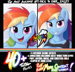 Size: 2200x2126 | Tagged: suggestive, artist:irisarco, derpibooru import, rainbow dash, anthro, pegasus, art pack:a dash of awesome, advertisement, art pack, bedroom eyes, breasts, clothes, ear fluff, female, grin, image, looking at you, open mouth, png, shirt, shirt lift, smiling, smug