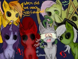 Size: 900x675 | Tagged: grimdark, artist:riygan, derpibooru import, oc, oc:dimmed star, oc:dull sloth, oc:rottenbunch, oc:spiderlock, oc:stone, oc:zalgy cake, unofficial characters only, earth pony, gorgon, monster pony, original species, pegasus, pony, snake, spiderpony, unicorn, antenna, blindfold, cowboy hat, dialogue, exclamation point, female, hat, horn, image, jpeg, mare, shocked, speech bubble, spread wings, stitches, text, wings, zalgo