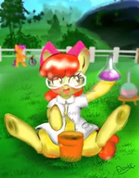 Size: 798x1024 | Tagged: safe, artist:doubt, derpibooru import, apple bloom, scootaloo, earth pony, pegasus, pony, twilight time, adorabloom, blushing, clothes, cute, erlenmeyer flask, flask, florence flask, goggles, image, jpeg, lab coat, plant pot, safety goggles, spread legs, spreading, unicycle