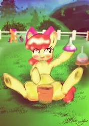 Size: 723x1024 | Tagged: safe, artist:doubt, derpibooru import, apple bloom, scootaloo, earth pony, pegasus, pony, twilight time, adorabloom, blushing, cute, erlenmeyer flask, flask, florence flask, image, jpeg, plant pot, spread legs, spreading, unicycle