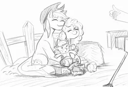 Size: 2897x1975 | Tagged: safe, artist:applephil, derpibooru import, applejack, bright mac, pear butter, earth pony, pony, baby, baby pony, babyjack, brightbutter, camera, eyes closed, family, female, filly, filly applejack, foal, grayscale, hoof fingers, image, jpeg, male, mare, monochrome, offscreen character, posing for photo, shipping, smiling, stallion, straight, suddenly hands, younger