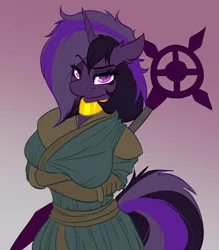 Size: 2248x2568 | Tagged: safe, artist:witchtaunter, derpibooru import, oc, oc:purple haze, anthro, unicorn, big breasts, breasts, clothes, crossed arms, image, jewelry, mage, necklace, png, robes, runescape, staff, tail