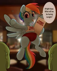 Size: 3297x4096 | Tagged: safe, artist:_ton618_, derpibooru import, rainbow dash, oc, oc:anon, human, pegasus, pony, armpits, clothes, dialogue, disproportional anatomy, eyebrows, eyebrows visible through hair, female, female focus, flying, high res, hostess, human male, human oc, image, jpeg, male, mare, open mouth, open smile, outback steakhouse, restaurant, short hair, shorts, smiling, solo focus, speech bubble, sports bra, spread wings, talking, tanktop, tomboy, tomboy outback, trio, wings