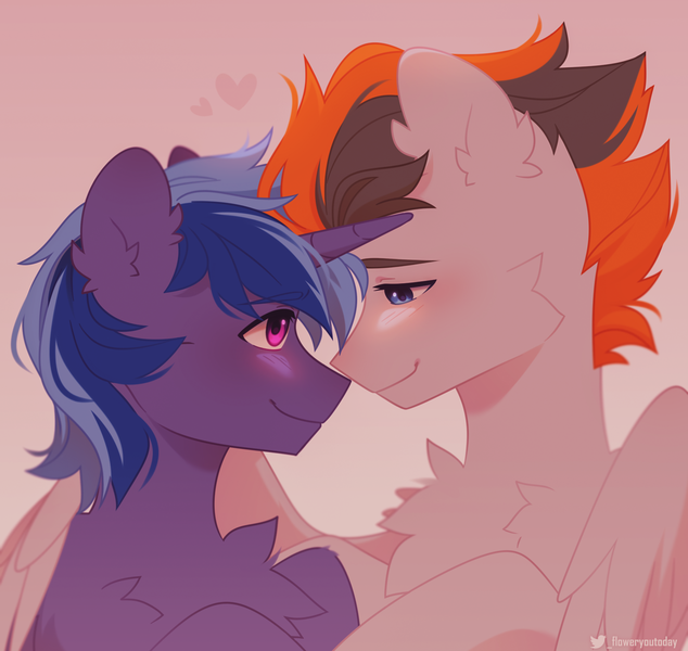 Size: 1776x1680 | Tagged: safe, artist:floweryoutoday, derpibooru import, oc, oc:midnight nova, oc:sukko, unofficial characters only, pegasus, pony, unicorn, blushing, chest fluff, commission, eye contact, gay, gradient background, heart, horn, hug, image, looking at each other, looking at someone, male, oc x oc, png, shipping, stallion, winghug, wings, ych result