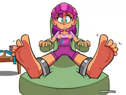 Size: 1031x775 | Tagged: suggestive, artist:yourhardnerdcollectr, derpibooru import, sunny starscout, equestria girls, barefoot, bondage, bondage furniture, chair, clothes, commission, converse, equestria girls-ified, feet, female, femsub, fetish, foot fetish, g5, gritted teeth, image, jpeg, overalls, shoes, shorts, socks, soles, solo, solo female, stockings, submissive, suspenders, sweat, sweatdrop, table, teeth, thigh highs