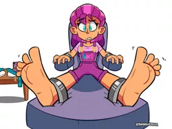 Size: 1031x775 | Tagged: suggestive, alternate version, artist:yourhardnerdcollectr, derpibooru import, sunny starscout, equestria girls, barefoot, bondage, bondage furniture, chair, clothes, commission, converse, equestria girls-ified, feet, female, femsub, fetish, foot fetish, g5, gritted teeth, image, jpeg, overalls, shoes, shorts, socks, soles, solo, solo female, stockings, submissive, suspenders, sweat, sweatdrop, table, teeth, thigh highs