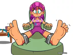 Size: 1031x775 | Tagged: suggestive, alternate version, artist:yourhardnerdcollectr, derpibooru import, sunny starscout, equestria girls, barefoot, bondage, bondage furniture, chair, clothes, commission, converse, equestria girls-ified, feet, female, femsub, fetish, foot fetish, g5, gritted teeth, image, jpeg, overalls, shoes, shorts, socks, soles, solo, solo female, stockings, submissive, suspenders, sweat, sweatdrop, table, teeth, thigh highs