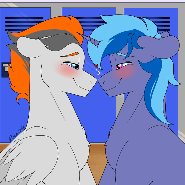 Size: 5000x5000 | Tagged: safe, artist:rcdesenhista, derpibooru import, oc, oc:midnight nova, oc:sukko, unofficial characters only, pegasus, pony, unicorn, blushing, chest fluff, eye contact, floppy ears, gay, heart, image, locker room, lockers, looking at each other, looking at someone, male, oc x oc, png, shipping, stallion