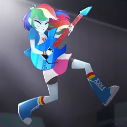 Size: 1280x1280 | Tagged: safe, artist:pointdelta, derpibooru import, rainbow dash, equestria girls, rainbow rocks, awesome as i want to be, boots, clothes, electric guitar, eyebrows, eyes closed, female, grin, guitar, high heel boots, image, jpeg, midair, musical instrument, redraw, shoes, smiling, solo