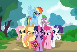 Size: 4848x3280 | Tagged: safe, artist:spookitty, derpibooru import, applejack, fluttershy, pinkie pie, rainbow dash, rarity, spike, starlight glimmer, twilight sparkle, twilight sparkle (alicorn), alicorn, pony, rainbow roadtrip, book, cloud, dirt, image, journal, magic, png, pony tale adventures, tree