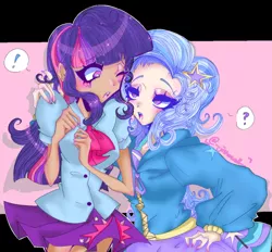 Size: 640x595 | Tagged: safe, alternate version, artist:fox1well1, derpibooru import, trixie, twilight sparkle, human, equestria girls, blushing, female, humanized, image, lesbian, png, shipping, twixie