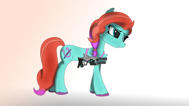 Size: 3840x2160 | Tagged: safe, artist:straighttothepointstudio, derpibooru import, earth pony, pony, my little pony: make your mark, my little pony: tell your tale, angry, blue eyes, digital art, female, g5, gun, hair tie, image, jazz (g5), jpeg, mare, rifle, simple background, solo, unshorn fetlocks, weapon