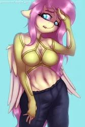 Size: 1000x1500 | Tagged: safe, artist:shad0w-galaxy, derpibooru import, fluttershy, anthro, pegasus, pony, belly button, blushing, breasts, chest fluff, clothes, cute, ear fluff, female, fluffy, image, mare, open mouth, pants, png, shyabetes, simple background, solo, sweater, wings