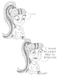 Size: 1516x1946 | Tagged: safe, artist:owl-eye-2010, derpibooru import, sonata dusk, equestria girls, 2015, asdfmovie, female, image, jpeg, monochrome, traditional art, watch