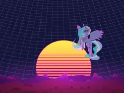 Size: 1200x900 | Tagged: safe, artist:marrsund, derpibooru import, princess celestia, alicorn, pony, image, jpeg, retrowave, scenery, sky, solo, synthwave