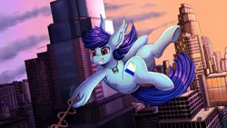 Size: 1920x1080 | Tagged: safe, artist:pridark, derpibooru import, oc, unofficial characters only, bat pony, pony, bat pony oc, bat wings, building, city, commission, crossover, cutie mark, image, male, marvel, medallion, png, skyscraper, solo, spider-man, wings