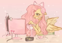 Size: 2092x1456 | Tagged: safe, artist:faiirychild, derpibooru import, fluttershy, pegasus, pony, cat ears, controller, cup, cute, desktop, female, floppy ears, gamershy, gaming, gaming headset, green tea, headset, image, mare, monster energy, open mouth, png, shyabetes, solo, teacup