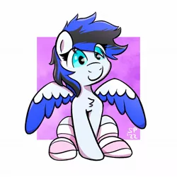 Size: 1222x1223 | Tagged: safe, artist:single purpose, derpibooru import, oc, oc:black ice, unofficial characters only, pegasus, pony, chest fluff, clothes, female, image, jpeg, mare, simple background, socks, solo, striped socks
