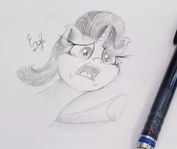 Size: 1701x1437 | Tagged: safe, artist:engi, derpibooru import, starlight glimmer, pony, unicorn, a horse shoe-in, female, image, jpeg, open mouth, pencil, pencil drawing, photo, simple background, solo, teary eyes, traditional art