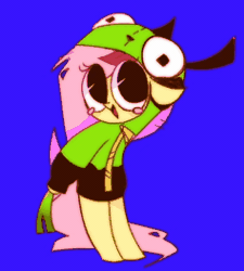 Size: 237x263 | Tagged: safe, derpibooru import, fluttershy, animated, antonymph, bipedal, blue background, blushing, clothes, fluttgirshy, gif, gir, hoodie, image, leek, reference, simple background, solo