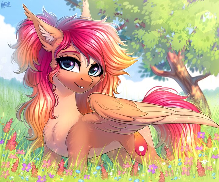 Size: 3500x2922 | Tagged: safe, artist:hakaina, derpibooru import, oc, unofficial characters only, pegasus, pony, chest fluff, ear fluff, flower, image, jpeg, solo, tree