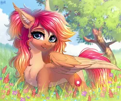 Size: 3500x2922 | Tagged: safe, artist:hakaina, derpibooru import, oc, unofficial characters only, pegasus, pony, chest fluff, ear fluff, flower, image, jpeg, solo, tree