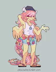Size: 625x800 | Tagged: safe, artist:chocodile, derpibooru import, part of a set, fluttershy, anthro, plantigrade anthro, arm behind head, breasts, butch, clothes, female, full body, gray background, hair, hair over eyes, hat, hippie, hippieshy, image, jewelry, leg hair, necklace, peace symbol, png, sandals, shorts, simple background, smiling, solo, standing, tanktop, url, wings
