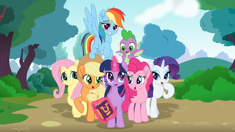 Size: 3840x2160 | Tagged: safe, artist:spookitty, derpibooru import, applejack, derpy hooves, fluttershy, pinkie pie, rainbow dash, rarity, spike, starlight glimmer, twilight sparkle, twilight sparkle (alicorn), alicorn, pegasus, pony, unicorn, rainbow roadtrip, book, cloud, dirt, image, journal, magic, mane seven, mane six, png, pony tale adventures, tree