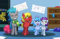 Size: 1227x800 | Tagged: safe, artist:carnifex, derpibooru import, oc, oc:bluebolt, oc:dreamchaser, oc:fireglow, oc:silver lining, earth pony, pegasus, pony, unicorn, clothes, colt, female, filly, foal, grin, image, jpeg, male, scarf, smiling, striped scarf, tooth gap