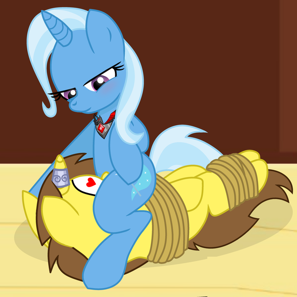 Size: 1920x1920 | Tagged: questionable, artist:grapefruit-face, derpibooru import, trixie, oc, oc:grapefruit face, pony, alicorn amulet, base used, blushing, bondage, canon x oc, duo, heart, heart eyes, horn, horn ring, image, implied cunnilingus, implied oral, implied sex, jewelry, png, ring, rope, tied up, wingding eyes