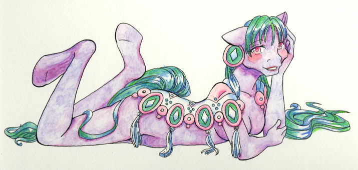 Size: 715x340 | Tagged: questionable, artist:vampirecheetah, derpibooru import, anthro, earth pony, pony, female, g1, image, jpeg, mare, merry go round pony, mgr sparkler, nudity, on stomach, solo