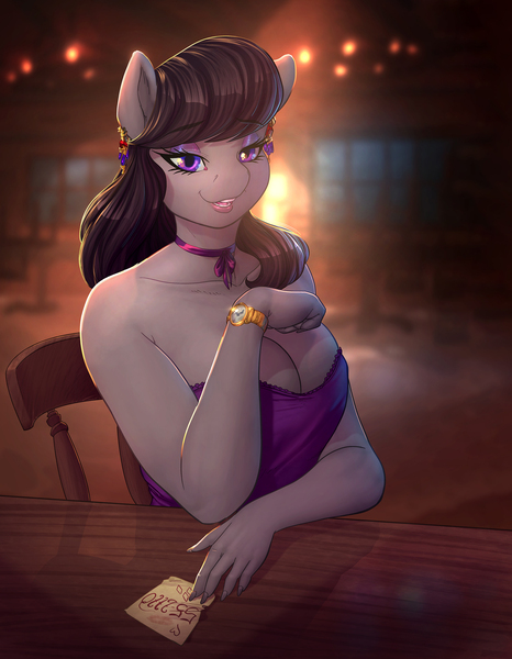 Size: 1920x2473 | Tagged: suggestive, artist:longinius, artist:vest, derpibooru import, octavia melody, anthro, breasts, chair, cleavage, collaboration, commission, ear piercing, earring, female, heart, image, jewelry, jpeg, kiss mark, lipstick, looking at you, note, open mouth, open smile, phone number, piercing, smiling, solo, solo female, table, watch, wristwatch