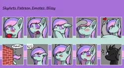 Size: 1500x829 | Tagged: safe, artist:skydreams, derpibooru import, oc, oc:blissy, changeling, ball, blushing, brick wall, disguise, disguised changeling, ear blush, emoji, emotes, excited, fangs, female, gasp, hiding, hug, image, meep, one eye closed, patreon, patreon reward, petting, png, pouting, purple changeling, scrunchy face, shocked, snuggling, wink