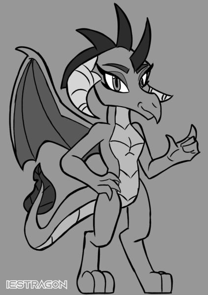 Size: 1280x1811 | Tagged: safe, artist:iestragon, derpibooru import, princess ember, dragon, dragoness, female, grayscale, image, jpeg, looking at you, monochrome, solo