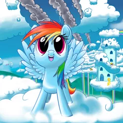 Size: 3000x3000 | Tagged: safe, artist:stellardust, derpibooru import, derpy hooves, rainbow dash, rainbowshine, soarin', spitfire, sunshower raindrops, surprise, pegasus, pony, cloud, cloud house, cloudsdale, colt, female, filly, filly rainbow dash, flying, foal, high res, image, looking up, male, mare, on a cloud, open mouth, png, sitting, spread wings, trail, wings, younger