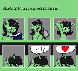Size: 905x833 | Tagged: safe, artist:skydreams, derpibooru import, oc, oc:green, unofficial characters only, pony, unicorn, book, confetti, defibrillator, emoji, emotes, female, filly, foal, heart, image, patreon, patreon reward, peeking, png, reading, speech bubble, yay