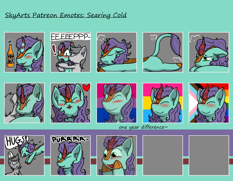 Size: 1500x1166 | Tagged: safe, derpibooru import, oc, oc:searing cold, unofficial characters only, kirin, :p, bisexual pride flag, blushing, ear blush, eep, emoji, emotes, flop, heart, hug, image, kirin beer, kissing, pansexual pride flag, patreon, patreon reward, png, pounce, pride, pride flag, purring, smiling, squee, surprised, tongue out