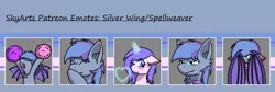 Size: 1500x504 | Tagged: safe, artist:skydreams, derpibooru import, oc, oc:silver wing, oc:spellweaver, unofficial characters only, bat pony, unicorn, bell, bell collar, blushing, cheering, collar, ear blush, emoji, emotes, fangs, giggling, heart, hiding behind wing, image, magic, patreon, patreon reward, png, pom pom, smiling, smirk, wings