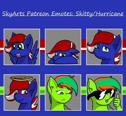 Size: 907x832 | Tagged: safe, artist:skydreams, derpibooru import, oc, oc:hurricane, oc:skitty, unofficial characters only, pegasus, :p, disguise, disguised changeling, emoji, emotes, excited, flop, halo, image, innocent, patreon, patreon reward, png, smiling, smirk, spread wings, sunglasses, thumbs up, tongue out, wings