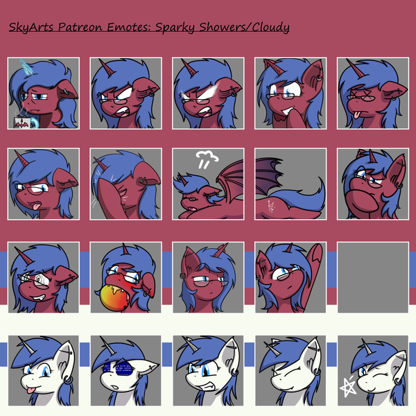 Size: 1500x1500 | Tagged: safe, artist:skydreams, derpibooru import, oc, oc:cloudy night, oc:sparky showers, unofficial characters only, alicorn, bat pony, bat pony alicorn, :p, angry, bat wings, blue screen of death, blushing, coffee mug, dead, disgusted, drool, ear blush, ear piercing, earring, emoji, emotes, excited, facehoof, fangs, flop, food, glasses, hmm, horn, hypnosis, hypnotized, image, jewelry, magic, mango, mug, one eye closed, patreon, patreon reward, piercing, png, pointing, sleepy, smiling, telekinesis, tired, tongue out, wings, wink