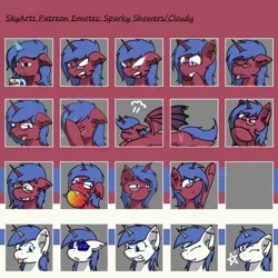 Size: 1500x1500 | Tagged: safe, artist:skydreams, derpibooru import, oc, oc:cloudy night, oc:sparky showers, unofficial characters only, alicorn, bat pony, bat pony alicorn, :p, angry, bat wings, blue screen of death, blushing, coffee mug, dead, disgusted, drool, ear blush, ear piercing, earring, emoji, emotes, excited, facehoof, fangs, flop, food, glasses, hmm, horn, hypnosis, hypnotized, image, jewelry, magic, mango, mug, one eye closed, patreon, patreon reward, piercing, png, pointing, sleepy, smiling, telekinesis, tired, tongue out, wings, wink