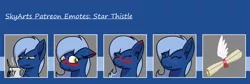 Size: 1500x504 | Tagged: safe, artist:skydreams, derpibooru import, oc, oc:star thistle, pegasus, pony, blushing, coffee mug, cutie mark, ear blush, embarrassed, emoji, emotes, female, happy, image, mare, mug, patreon, patreon reward, png, tired