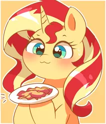 Size: 2897x3400 | Tagged: safe, artist:leo19969525, derpibooru import, sunset shimmer, pony, unicorn, bacon, blushing, cute, female, food, green eyes, horn, image, jpeg, mare, meat, simple background, solo, yellow background