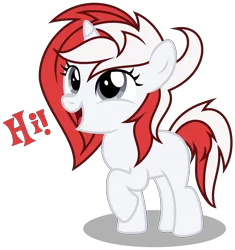 Size: 3170x3370 | Tagged: safe, artist:strategypony, derpibooru import, oc, oc:stock piston, unofficial characters only, pony, unicorn, cute, daaaaaaaaaaaw, dialogue, female, filly, foal, greeting, hi, horn, image, png, raised hoof, simple background, text, transparent background, unicorn oc, younger