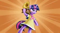 Size: 1920x1080 | Tagged: safe, alternate version, artist:kp-shadowsquirrel, derpibooru import, twilight sparkle, pony, bipedal, birthday dress, clothes, dress, female, gramophone, image, jpeg, phonograph, record player, solo, standing, wallpaper