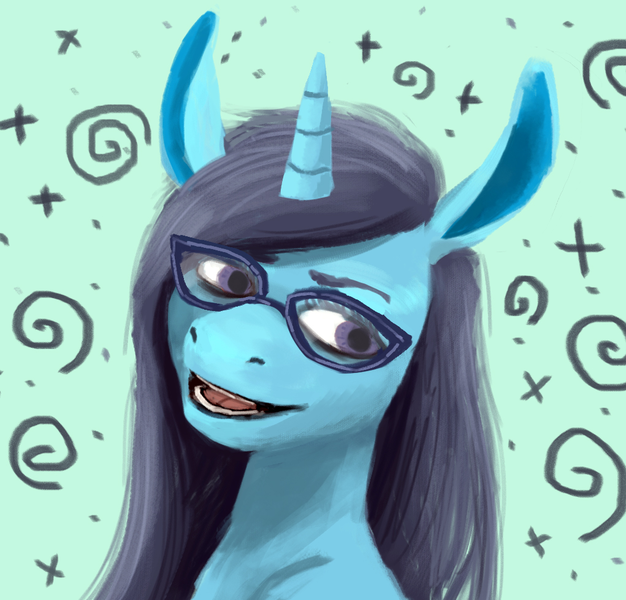 Size: 1021x978 | Tagged: safe, artist:necromarecy, derpibooru import, oc, unofficial characters only, pony, unicorn, abstract background, bust, glasses, image, png, portrait, smiling, solo