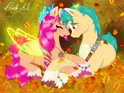 Size: 2048x1536 | Tagged: safe, artist:pearl_ag7777777, derpibooru import, hitch trailblazer, sunny starscout, alicorn, earth pony, pony, my little pony: a new generation, artificial horn, artificial wings, augmented, autumn, autumn leaves, blaze (coat marking), blushing, bracelet, coat markings, duo, eyes closed, facial markings, female, folded wings, g5, horn, image, jewelry, jpeg, leaf, leaves, looking at someone, magic, magic horn, magic wings, male, mare, open mouth, pegasus crystal, pendant, race swap, shipping, smiling, socks (coat marking), stallion, straight, sunnycorn, sunnyhitch, tiara, unicorn crystal, wings
