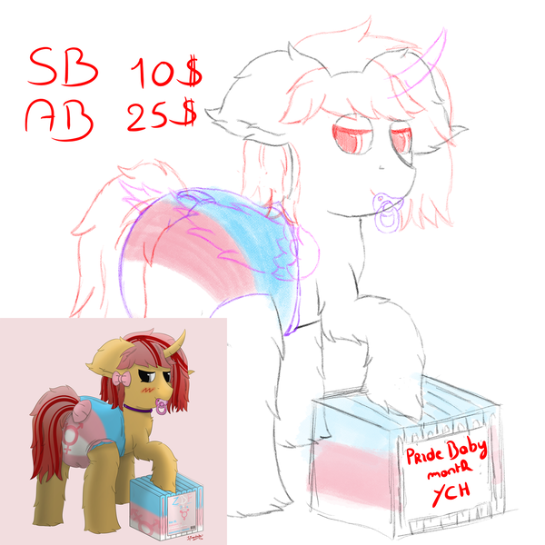 Size: 3000x3000 | Tagged: questionable, artist:spiroudada, derpibooru import, oc, oc:dolly hooves, unofficial characters only, pony, unicorn, adult foal, auction, bag, blushing, collar, commission, crossdressing, diaper, diaper bag, diaper fetish, drawing, fetish, image, male, pacifier, png, pride, pride flag, simple background, solo, stallion, transgender pride flag, ych sketch, your character here