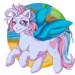 Size: 1600x1600 | Tagged: safe, artist:cinnamonsparx, edit, editor:edits of hate, star catcher, pegasus, pony, alternate hairstyle, blue eyes, blushing, circle background, colored wings, female, flying, g3, heart mark, image, mare, multicolored hair, one eye closed, png, short mane, solo, wings, wink